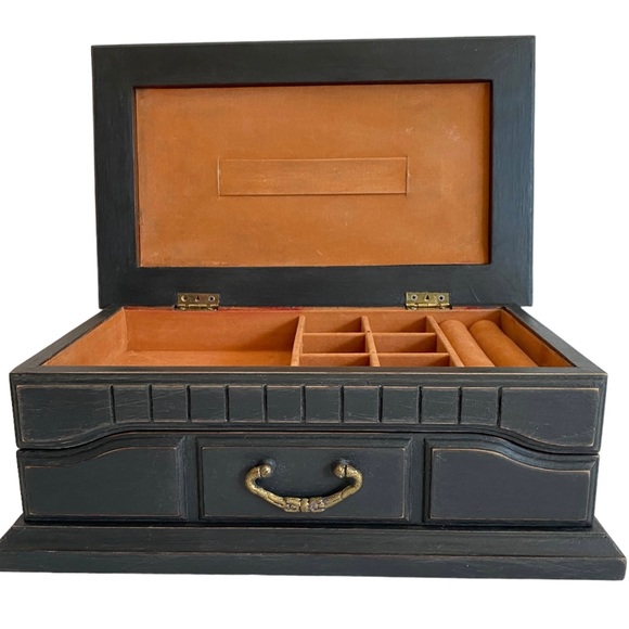 Vntg Wood‎ Jewelry Box Hand Painted Unisex Sunflower Black Commodore by Rosalco - Picture 6 of 9